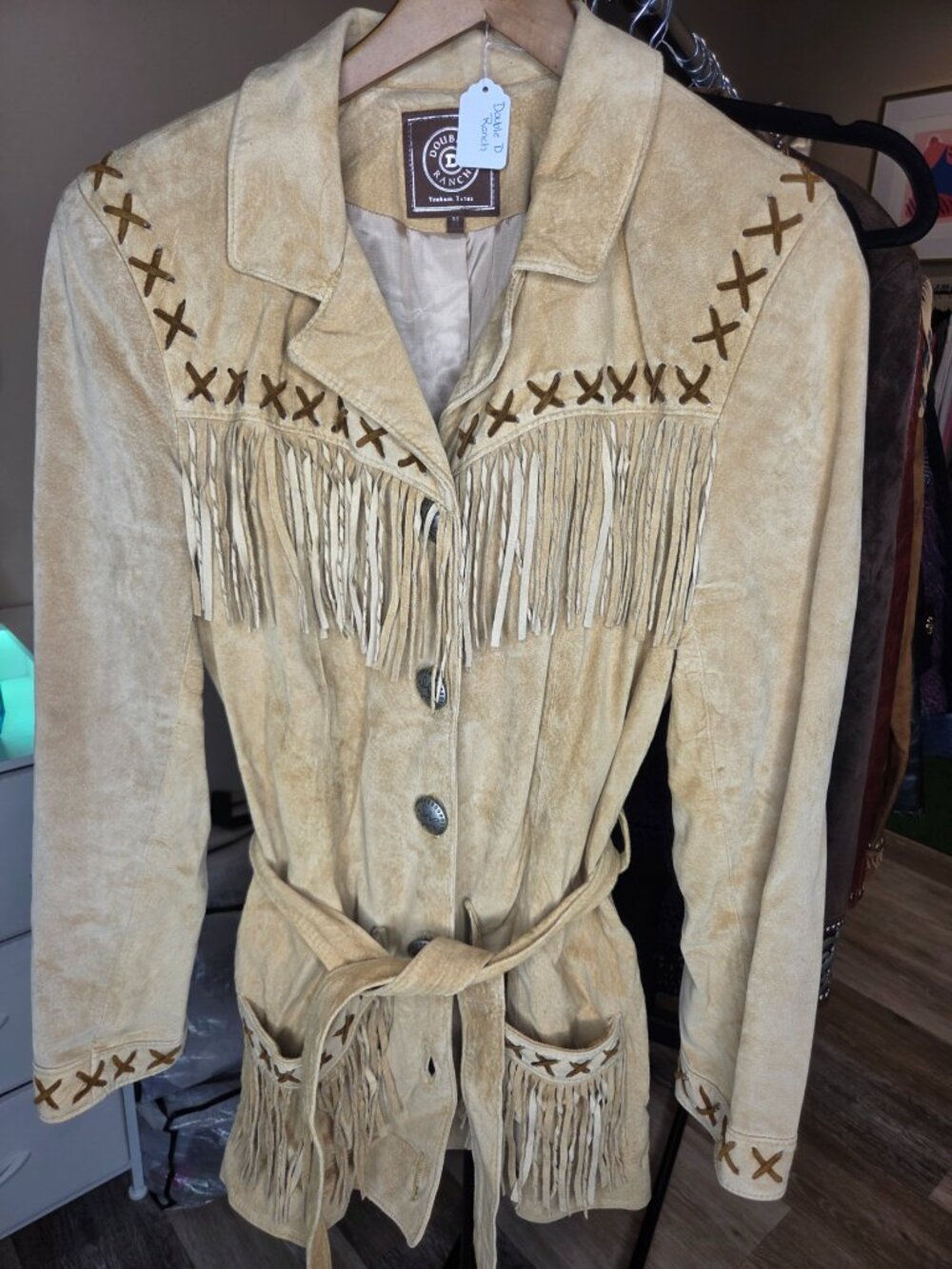 Double D Ranch Suede Fringe Western Belted Jacket Coat M